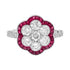 Diamond Cluster & Red Pink Ruby Art Deco Style Flower Floral 14K White Gold Ring