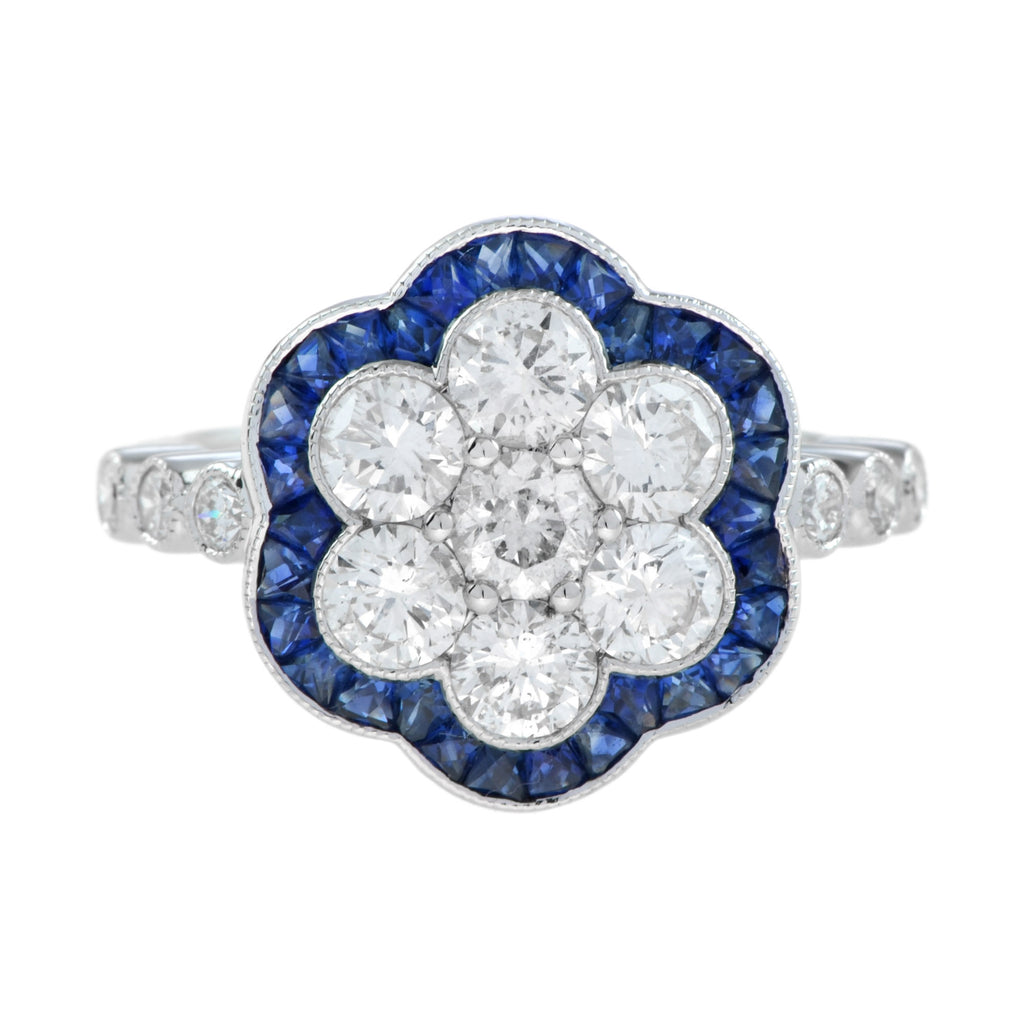 Round Diamond & Sapphire Art Deco Style Floral Flower Cluster White Gold Ring