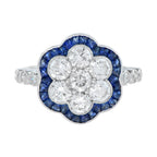 Round Diamond & Sapphire Art Deco Style Floral Flower Cluster White Gold Ring