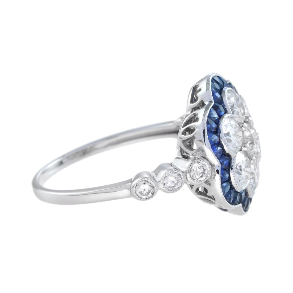 Round Diamond & Sapphire Art Deco Style Floral Flower Cluster White Gold Ring