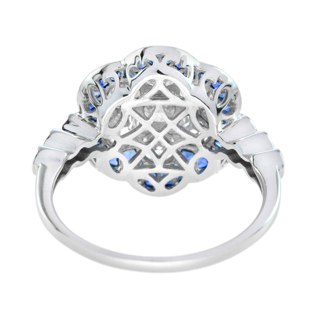 Round Diamond & Sapphire Art Deco Style Floral Flower Cluster White Gold Ring