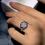 Round Diamond & Sapphire Art Deco Style Floral Flower Cluster White Gold Ring