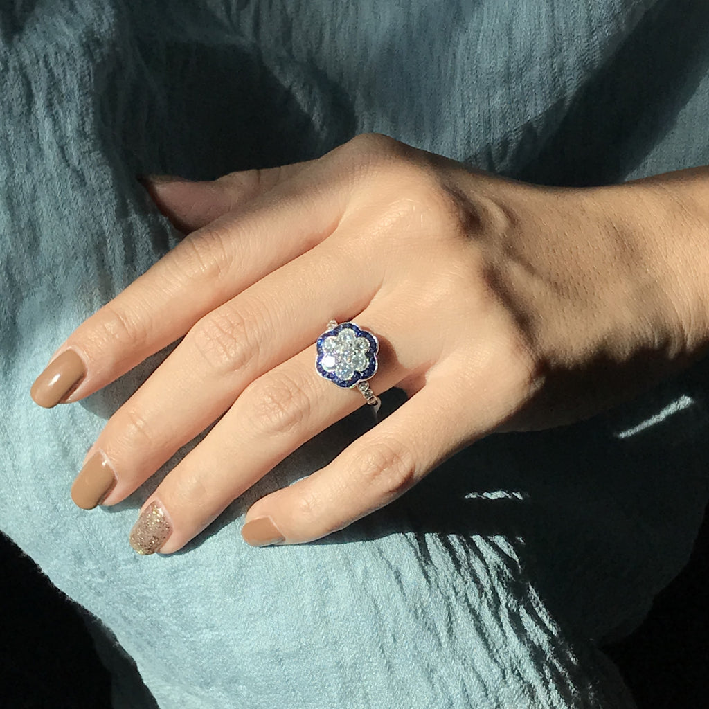 Round Diamond & Sapphire Art Deco Style Floral Flower Cluster White Gold Ring