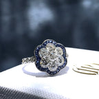 Round Diamond & Sapphire Art Deco Style Floral Flower Cluster White Gold Ring