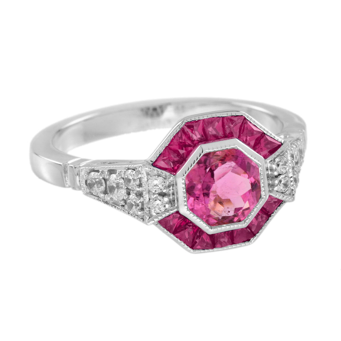 Pink Tourmaline & Ruby Diamond Halo Cut Art Deco Style Statement White Gold Ring