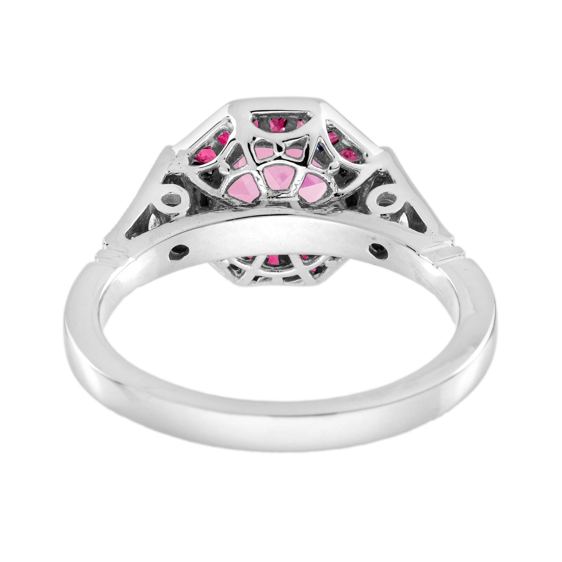 Pink Tourmaline & Ruby Diamond Halo Cut Art Deco Style Statement White Gold Ring