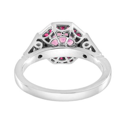 Pink Tourmaline & Ruby Diamond Halo Cut Art Deco Style Statement White Gold Ring