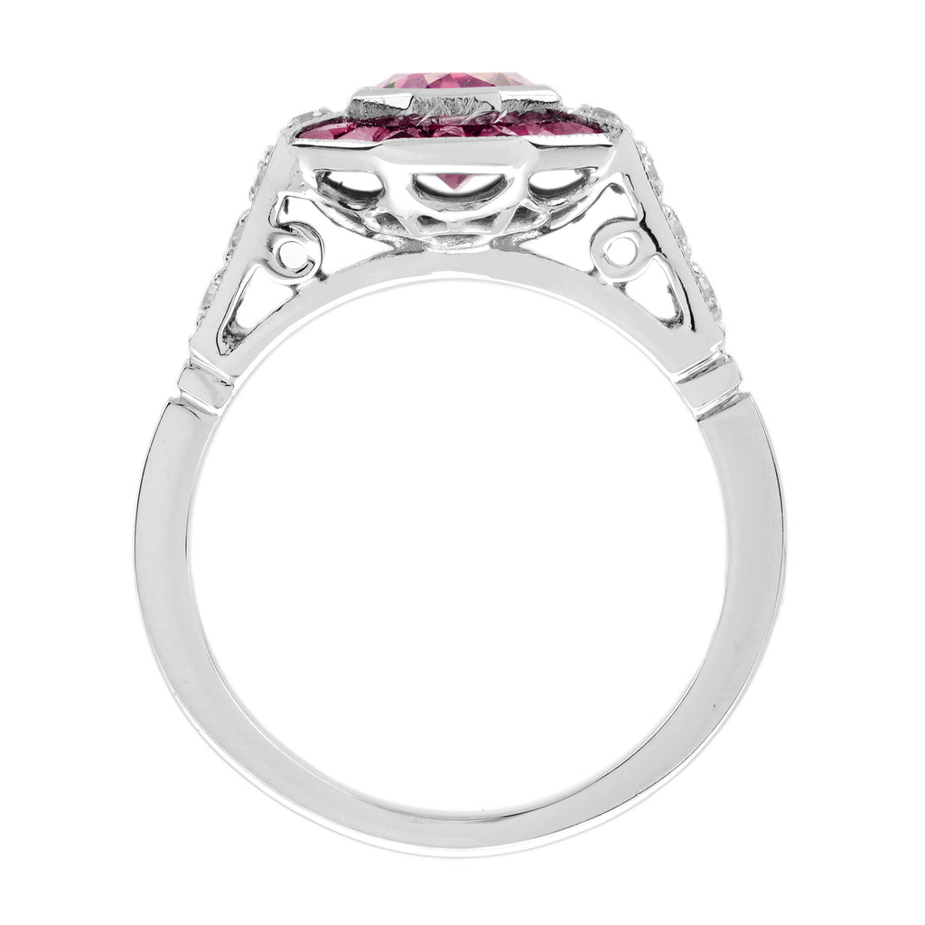 Pink Tourmaline & Ruby Diamond Halo Cut Art Deco Style Statement White Gold Ring