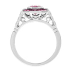Pink Tourmaline & Ruby Diamond Halo Cut Art Deco Style Statement White Gold Ring