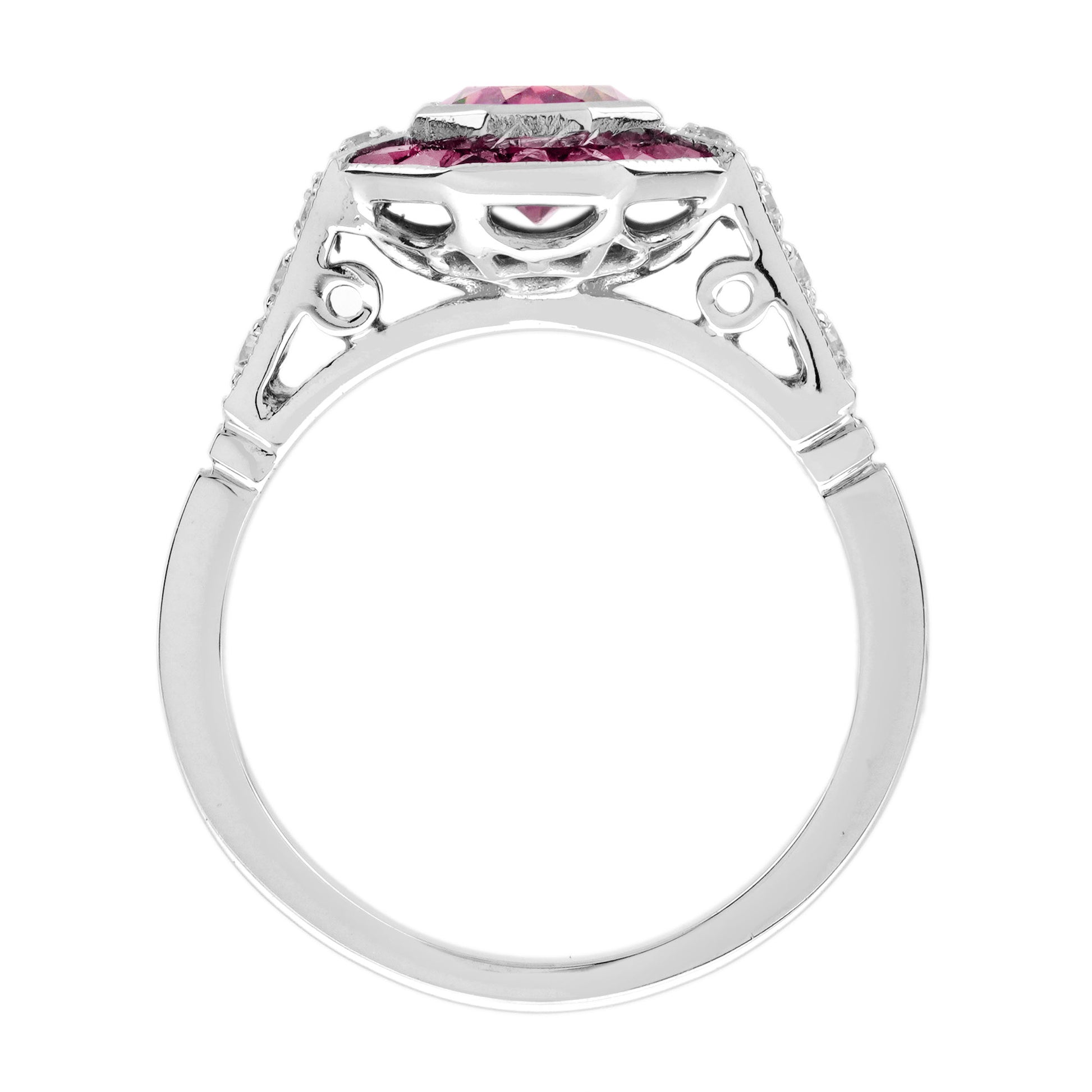 Pink Tourmaline & Ruby Diamond Halo Cut Art Deco Style Statement White Gold Ring