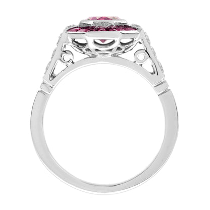 Pink Tourmaline & Ruby Diamond Halo Cut Art Deco Style Statement White Gold Ring