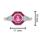 Pink Tourmaline & Ruby Diamond Halo Cut Art Deco Style Statement White Gold Ring