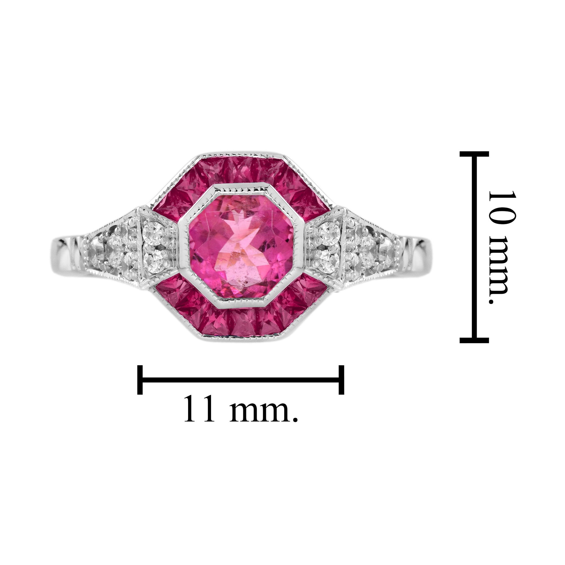 Pink Tourmaline & Ruby Diamond Halo Cut Art Deco Style Statement White Gold Ring