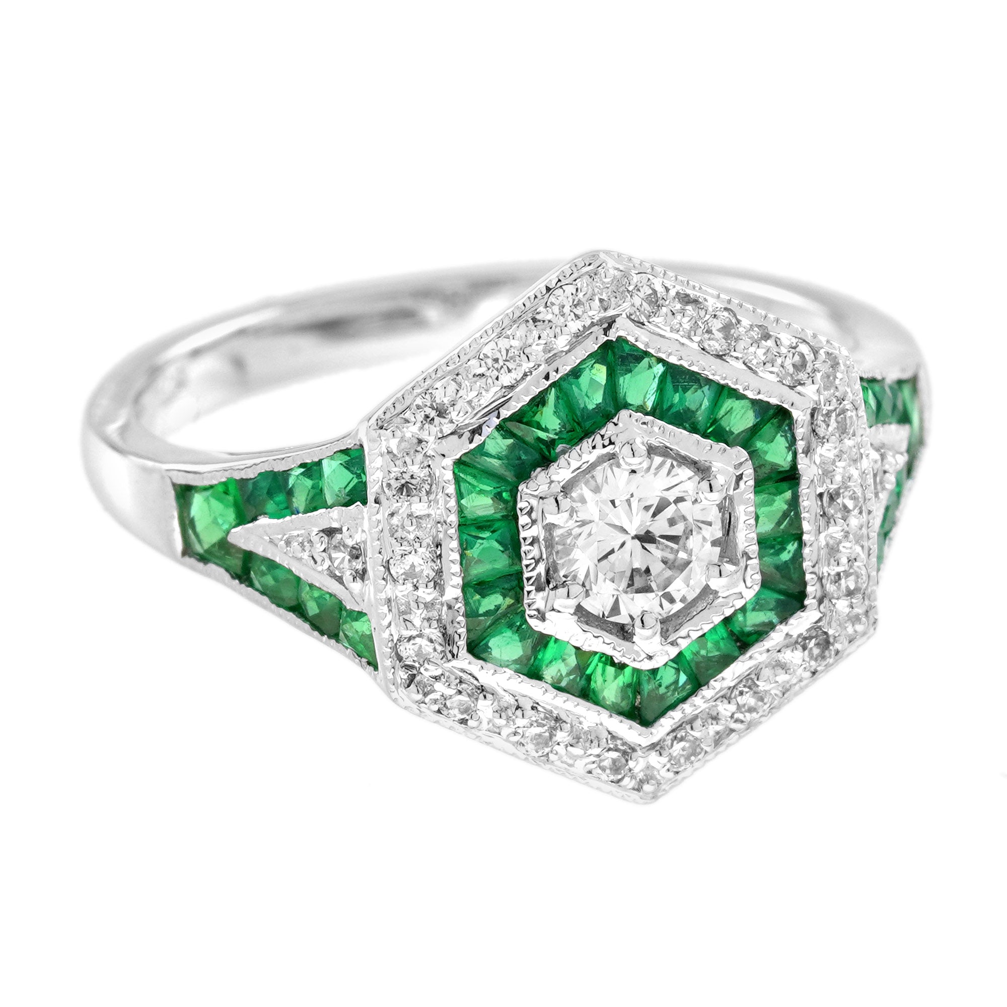 Diamond Emerald Art Deco Style Hexagon Shape Statement 14K White Gold Ring