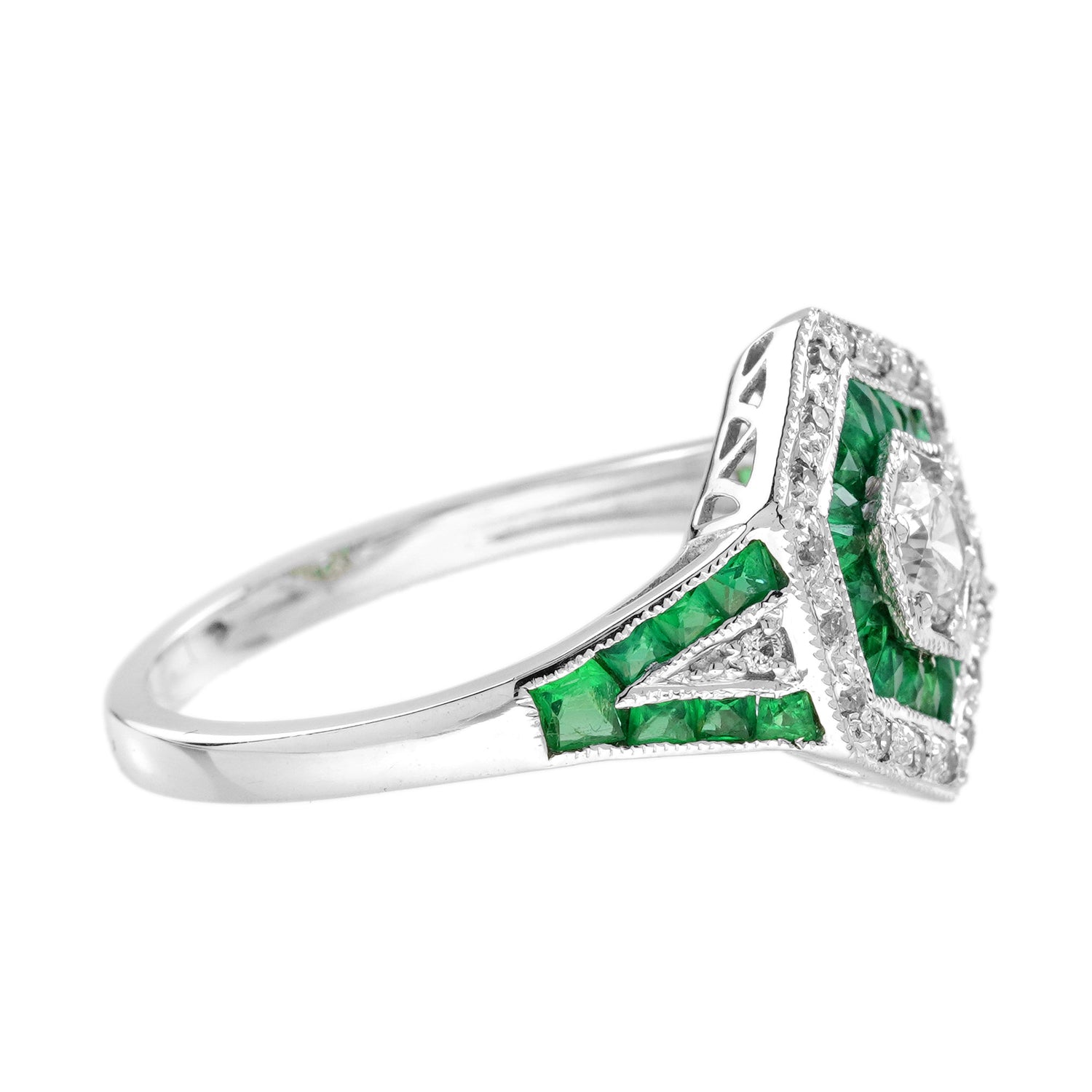 Diamond Emerald Art Deco Style Hexagon Shape Statement 14K White Gold Ring