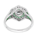 Diamond Emerald Art Deco Style Hexagon Shape Statement 14K White Gold Ring