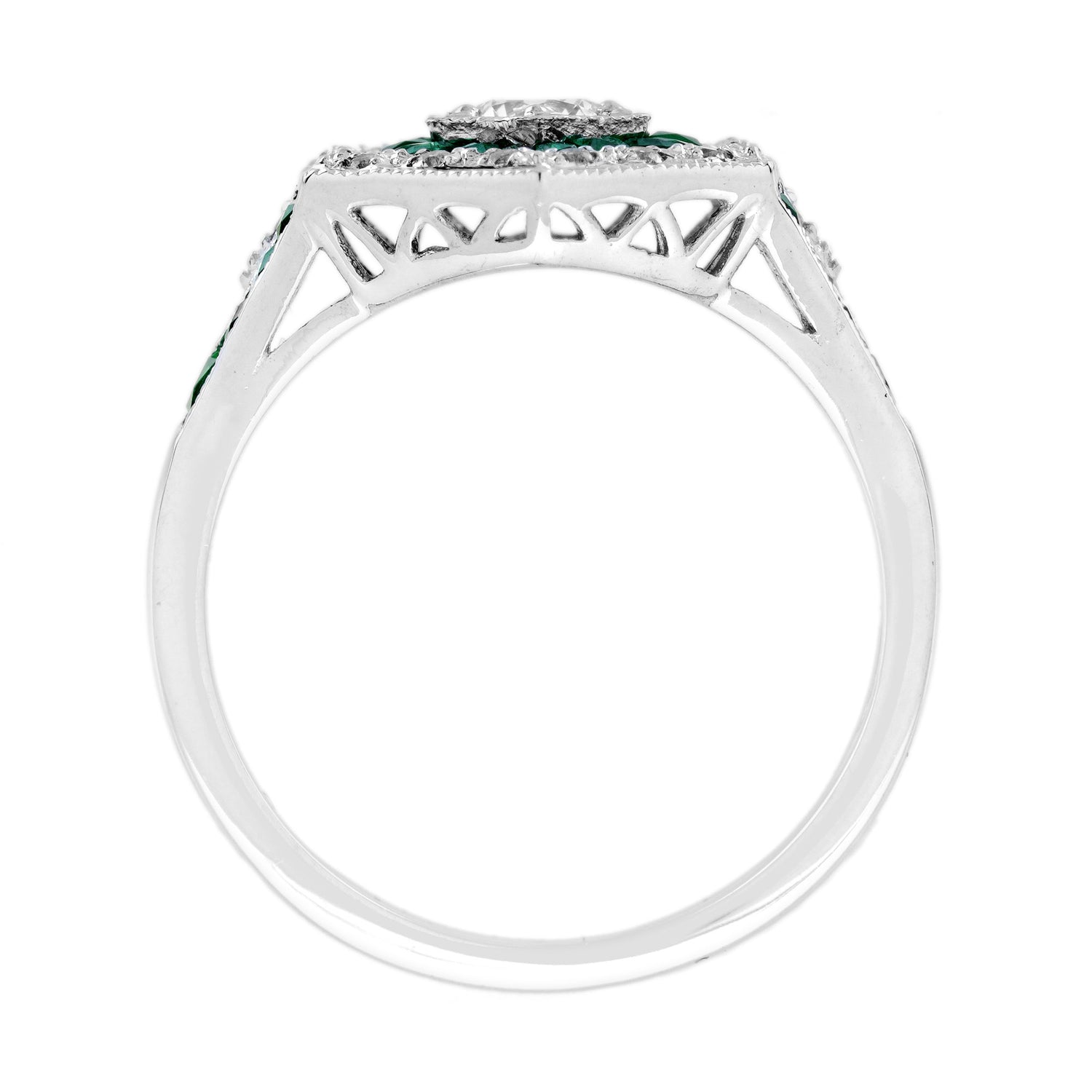 Diamond Emerald Art Deco Style Hexagon Shape Statement 14K White Gold Ring