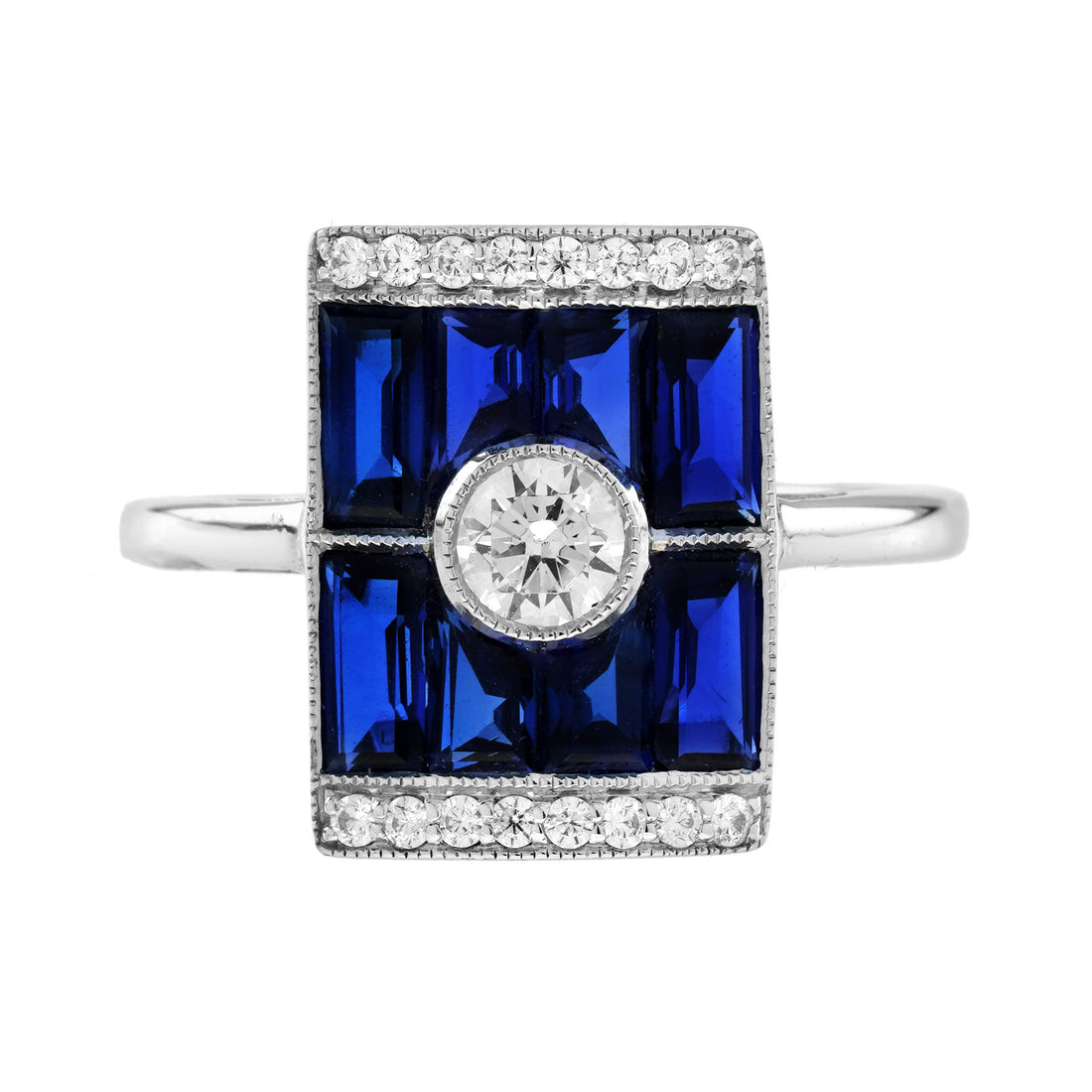 Diamond & Baguette Blue Sapphire Art Deco Style Rectangular 14K White Gold Ring