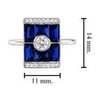 Diamond & Baguette Blue Sapphire Art Deco Style Rectangular 14K White Gold Ring