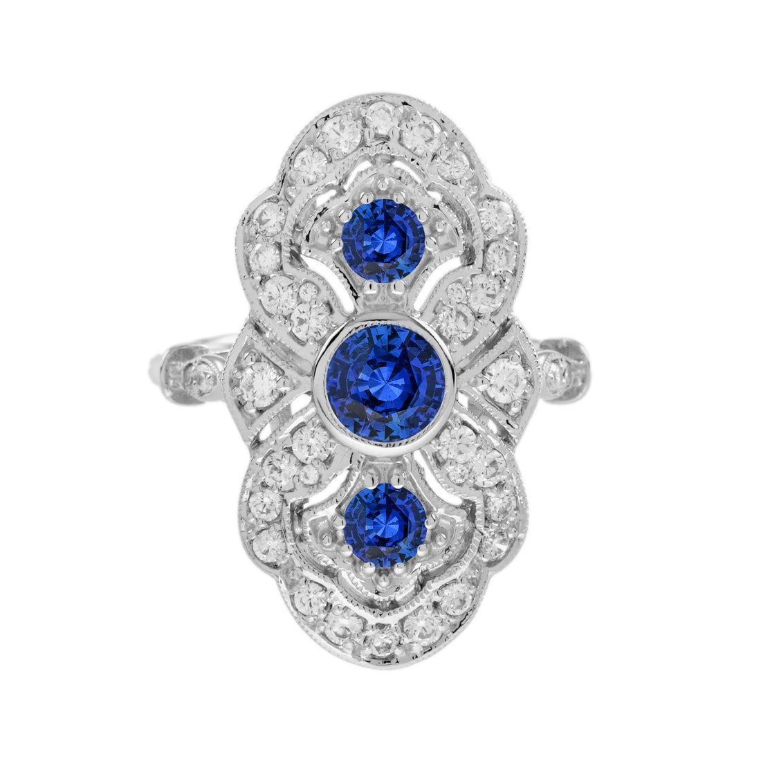 Round Blue Sapphire Diamond Edwardian Style Three Stone 14K White Gold Ring