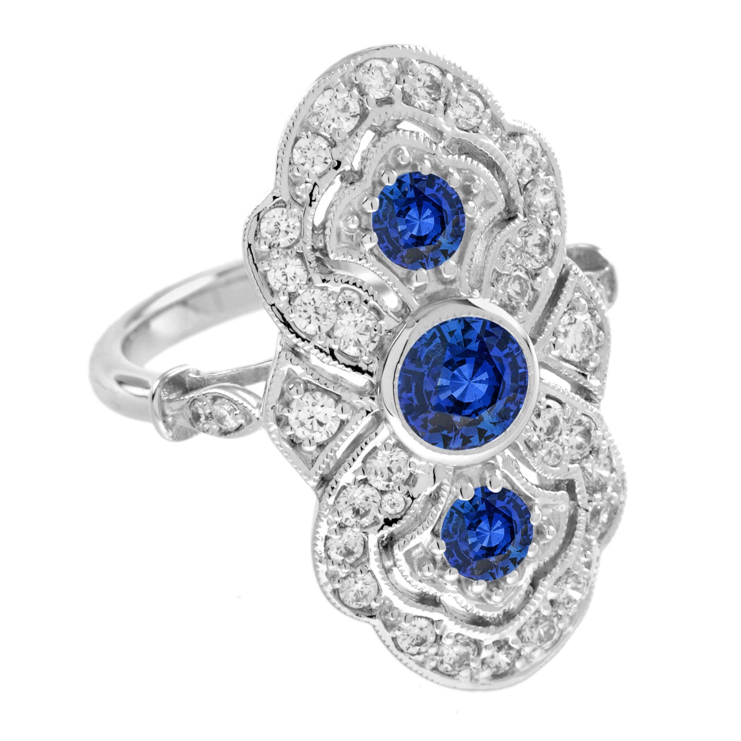 round blue sapphire diamond edwardian style three stone 14k white gold ring
