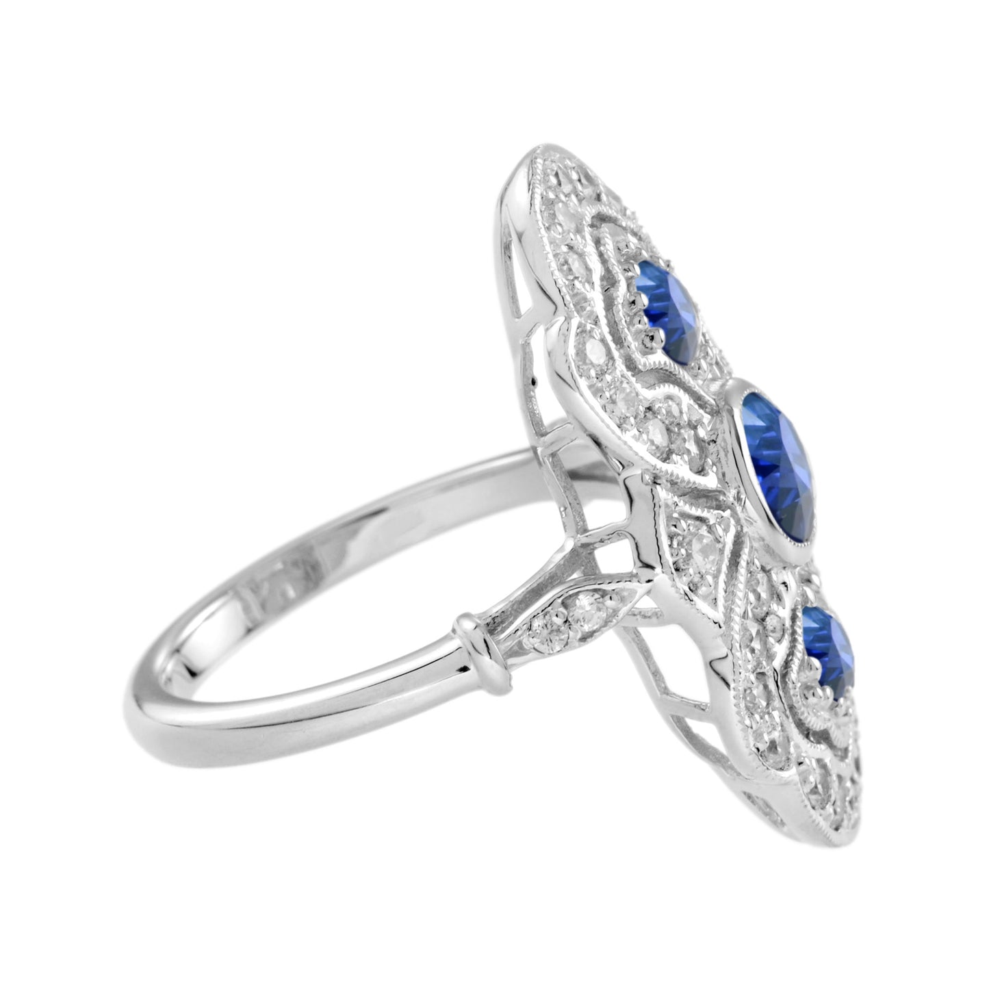 round blue sapphire diamond edwardian style three stone 14k white gold ring