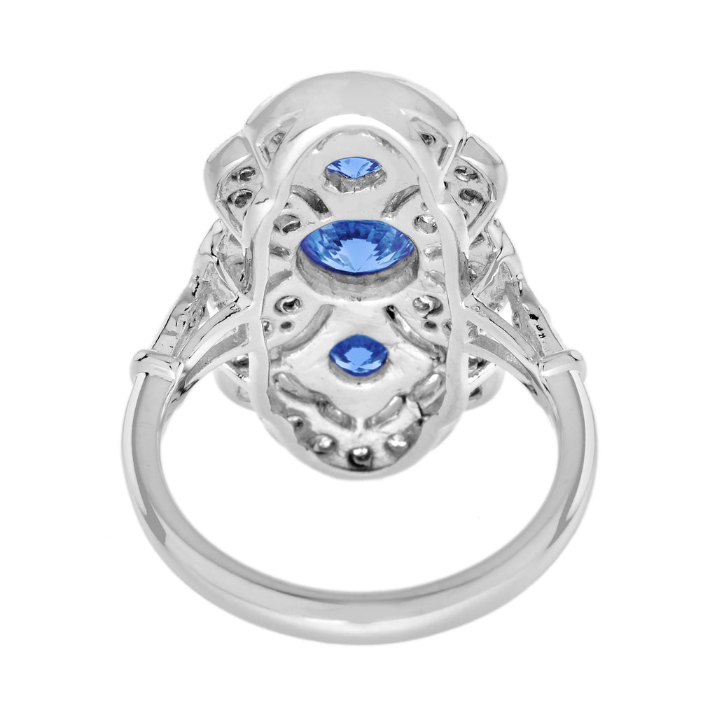 Round Blue Sapphire Diamond Edwardian Style Three Stone 14K White Gold Ring
