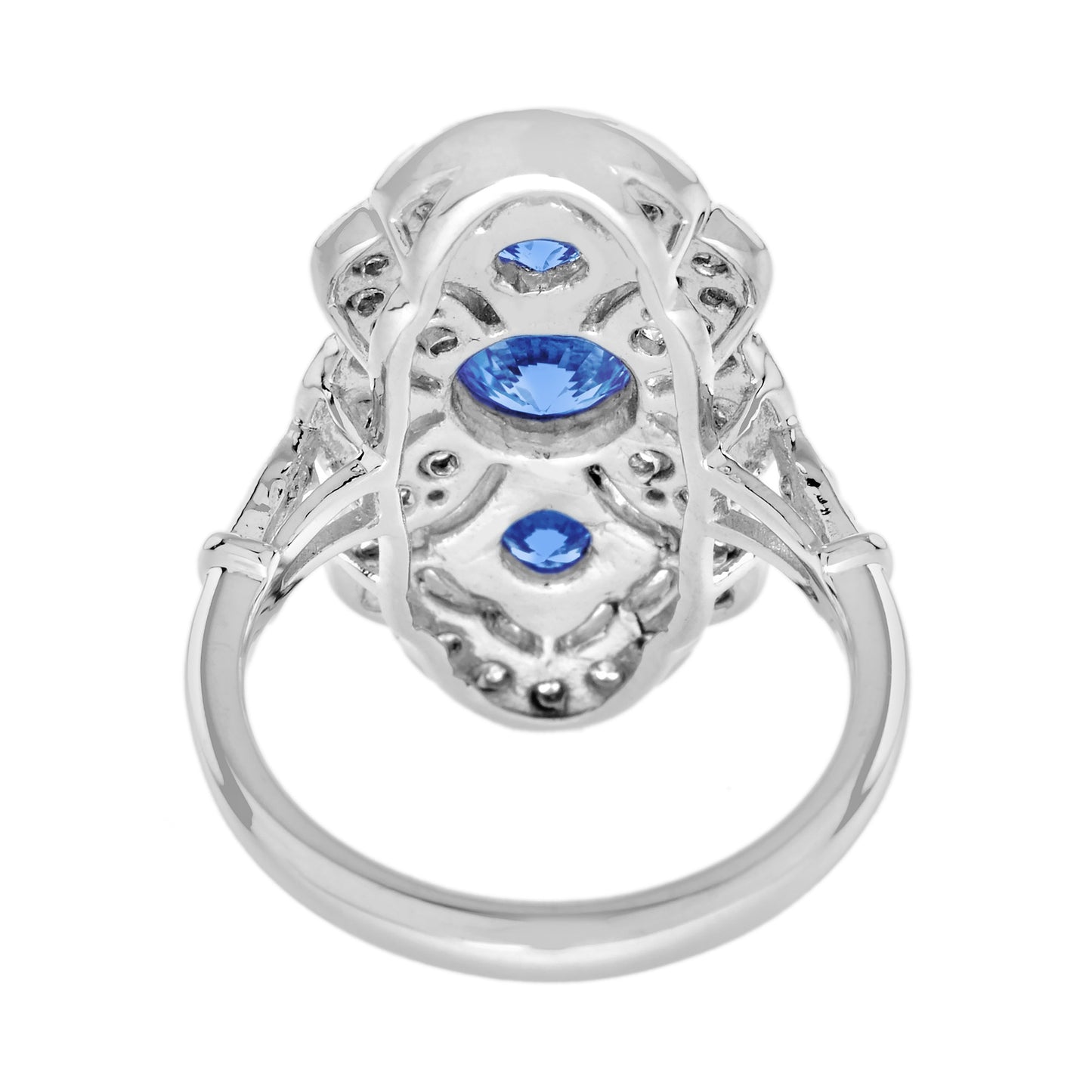 round blue sapphire diamond edwardian style three stone 14k white gold ring