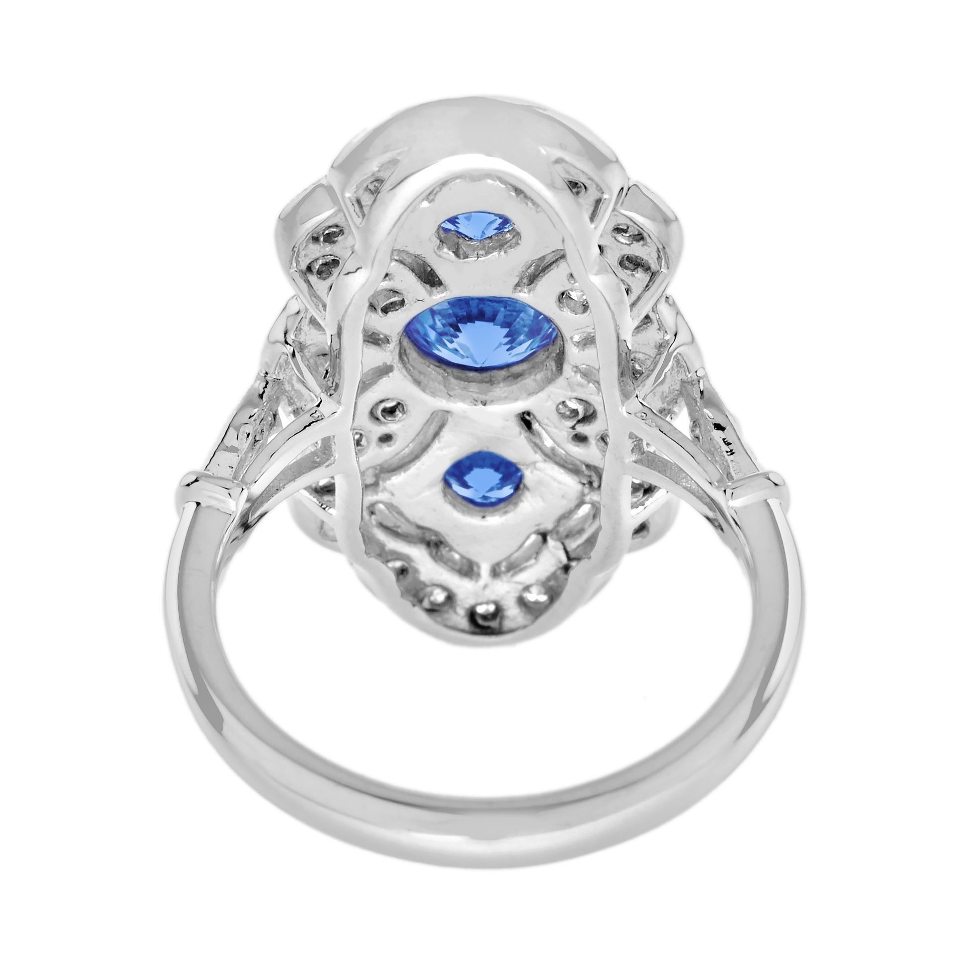 Round Blue Sapphire Diamond Edwardian Style Three Stone 14K White Gold Ring
