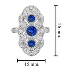 Round Blue Sapphire Diamond Edwardian Style Three Stone 14K White Gold Ring