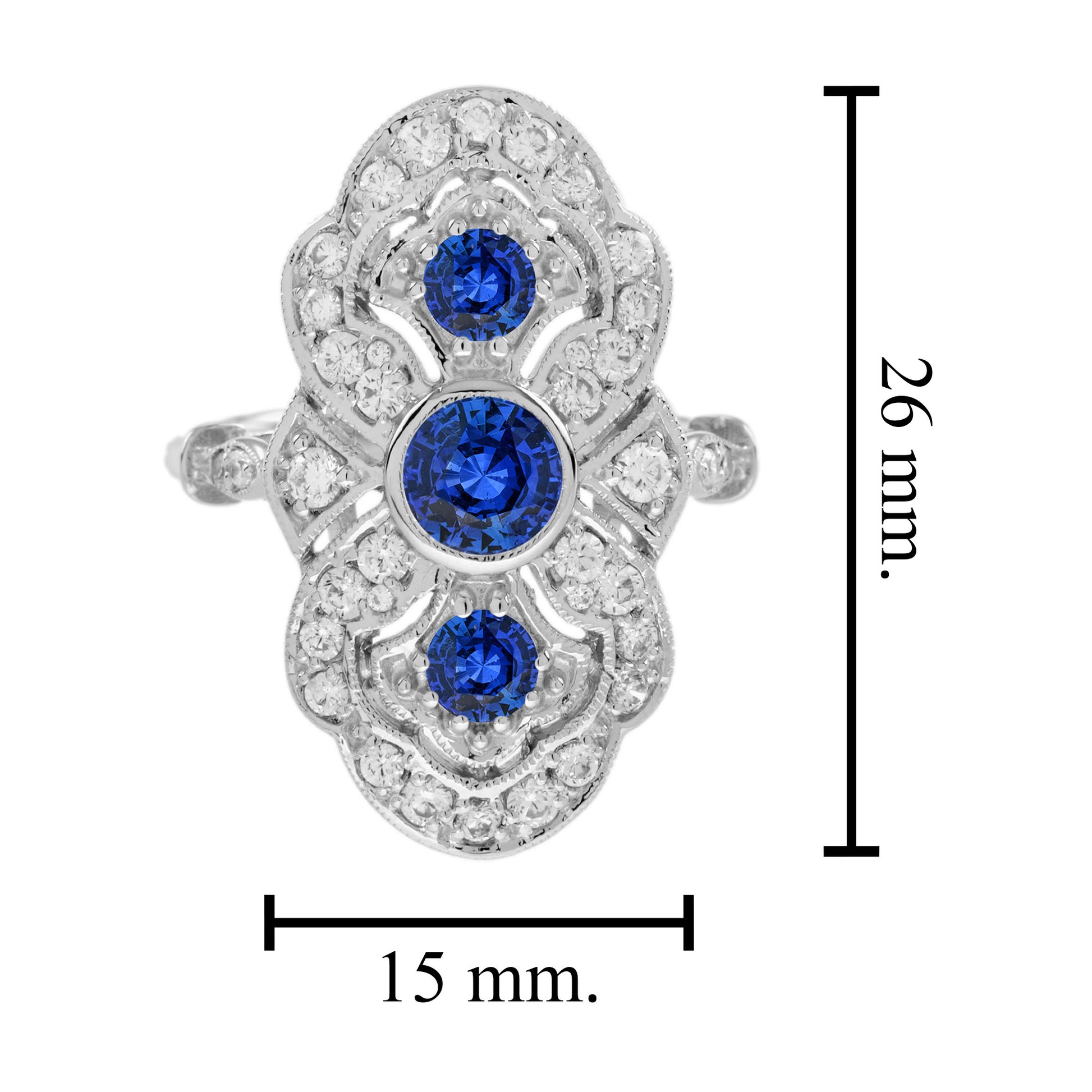 Round Blue Sapphire Diamond Edwardian Style Three Stone 14K White Gold Ring
