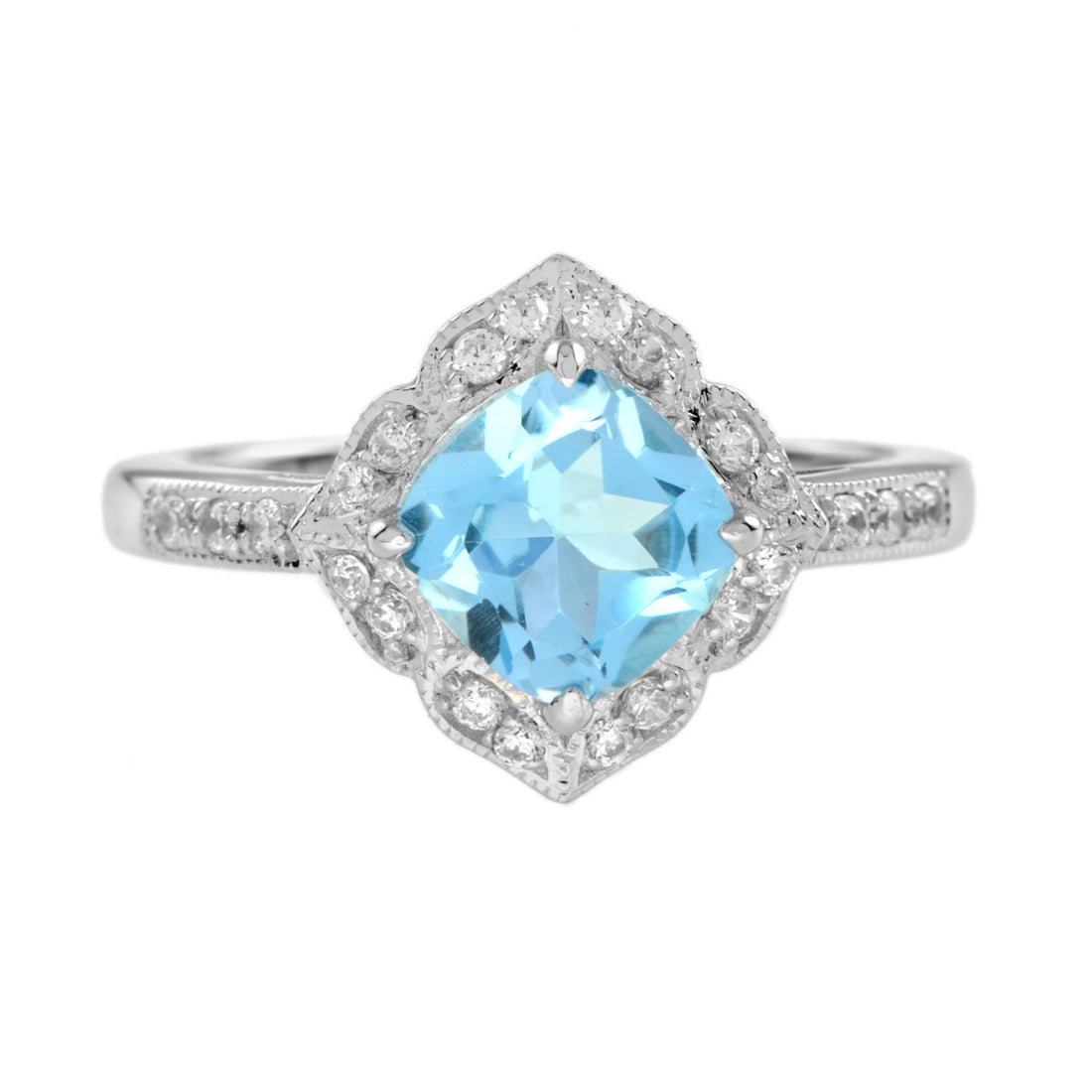 Cushion Blue Topaz &amp; Diamond Vintage Style Engagement Halo 14K White Gold Ring