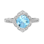 Cushion Blue Topaz & Diamond Vintage Style Engagement Halo 14K White Gold Ring