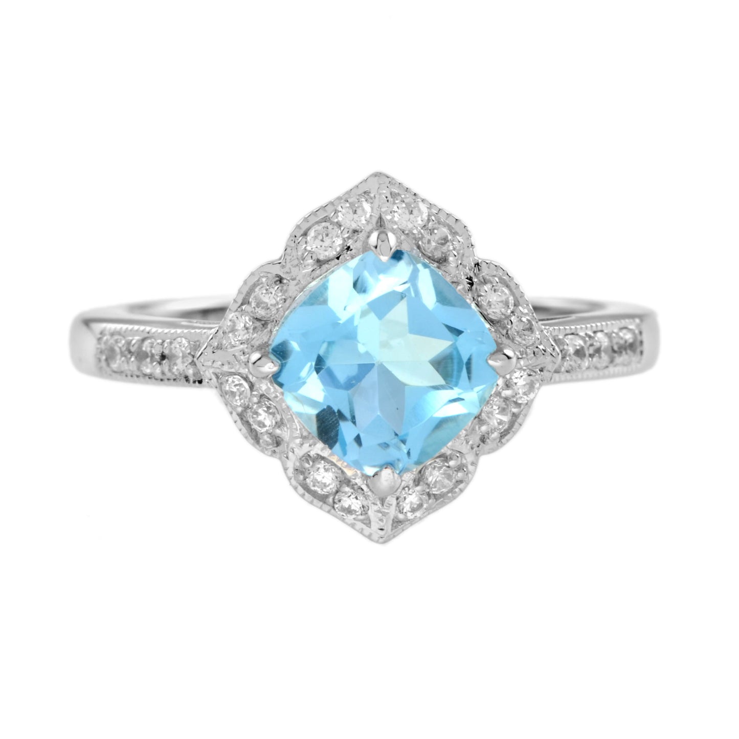 cushion blue topaz & diamond vintage style engagement halo 14k white gold ring