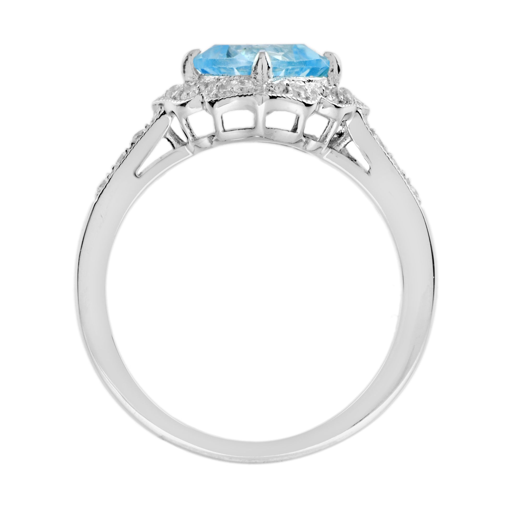 Cushion Blue Topaz & Diamond Vintage Style Engagement Halo 14K White Gold Ring