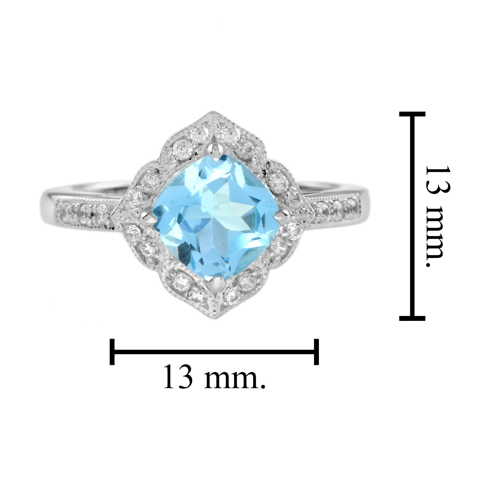 Cushion Blue Topaz & Diamond Vintage Style Engagement Halo 14K White Gold Ring