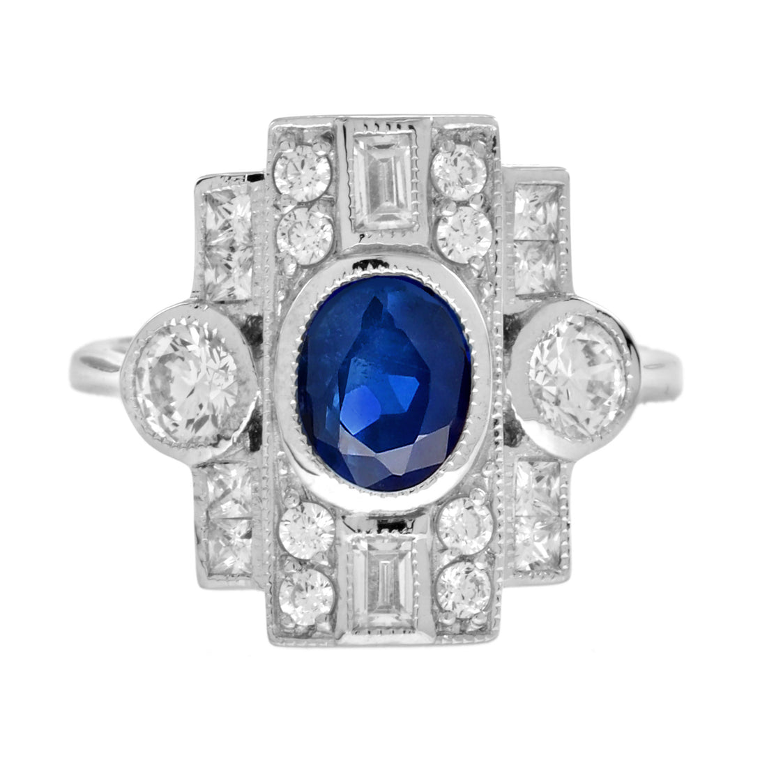Blur Sapphire & Diamond Three Stone 18K White Gold Vintage Inspired Ring