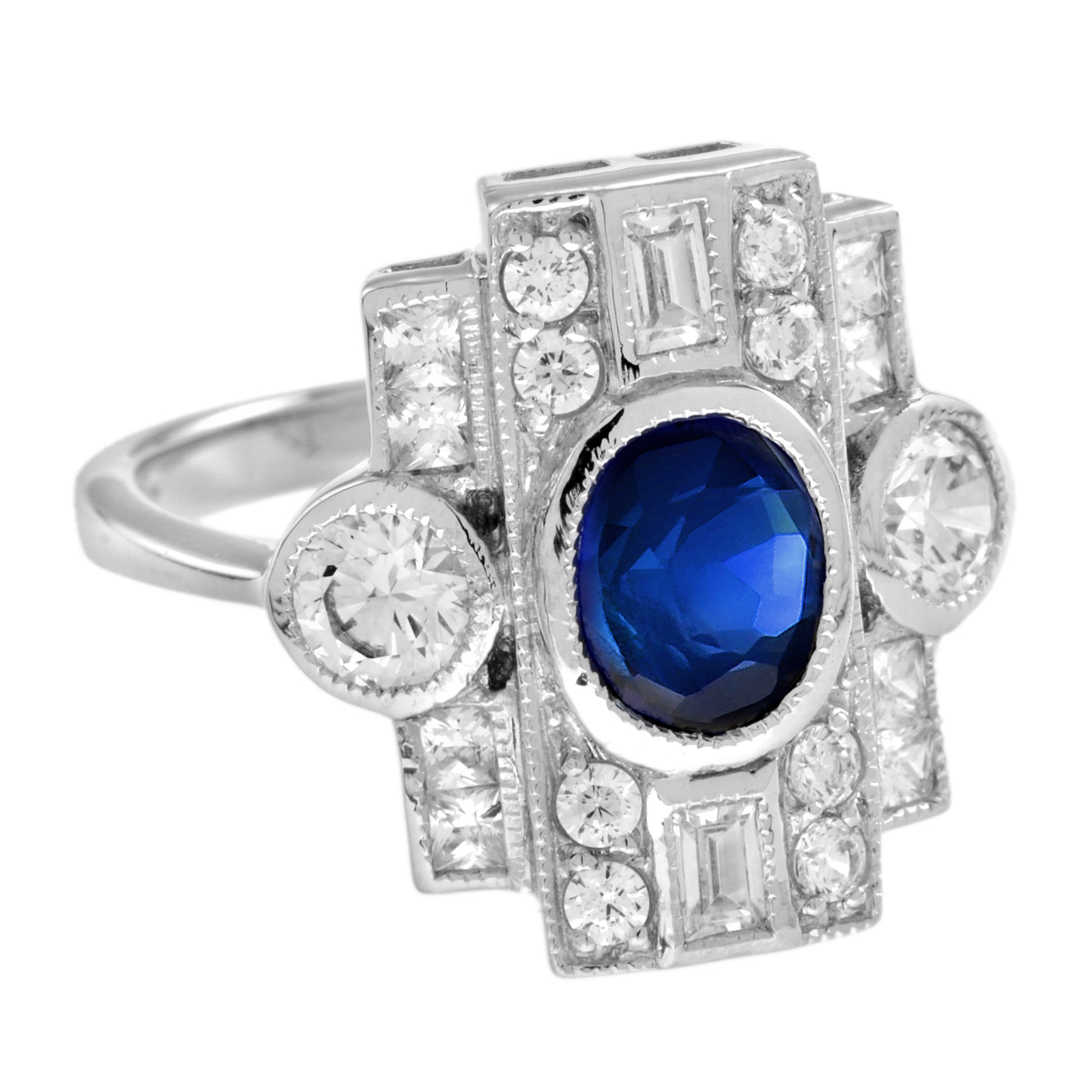 Blur Sapphire & Diamond Three Stone 18K White Gold Vintage Inspired Ring