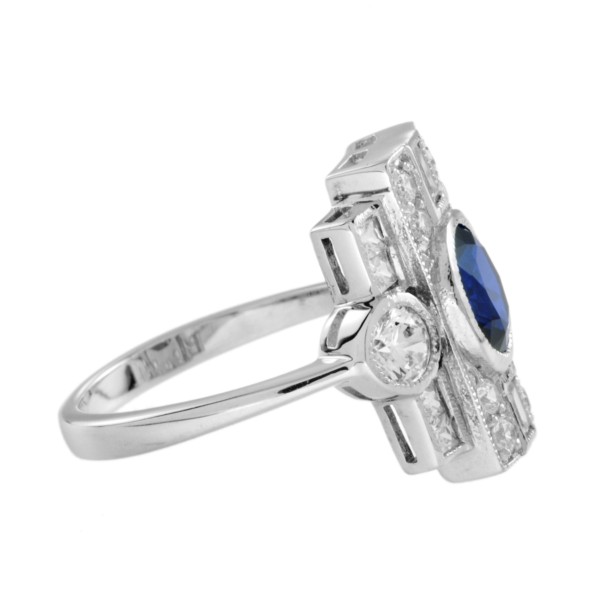 Blur Sapphire & Diamond Three Stone 18K White Gold Vintage Inspired Ring