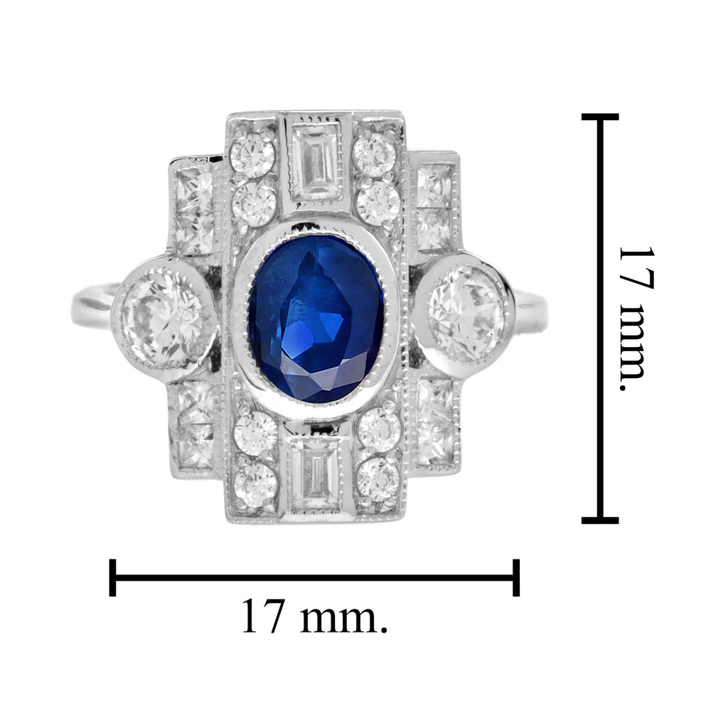 Blur Sapphire & Diamond Three Stone 18K White Gold Vintage Inspired Ring