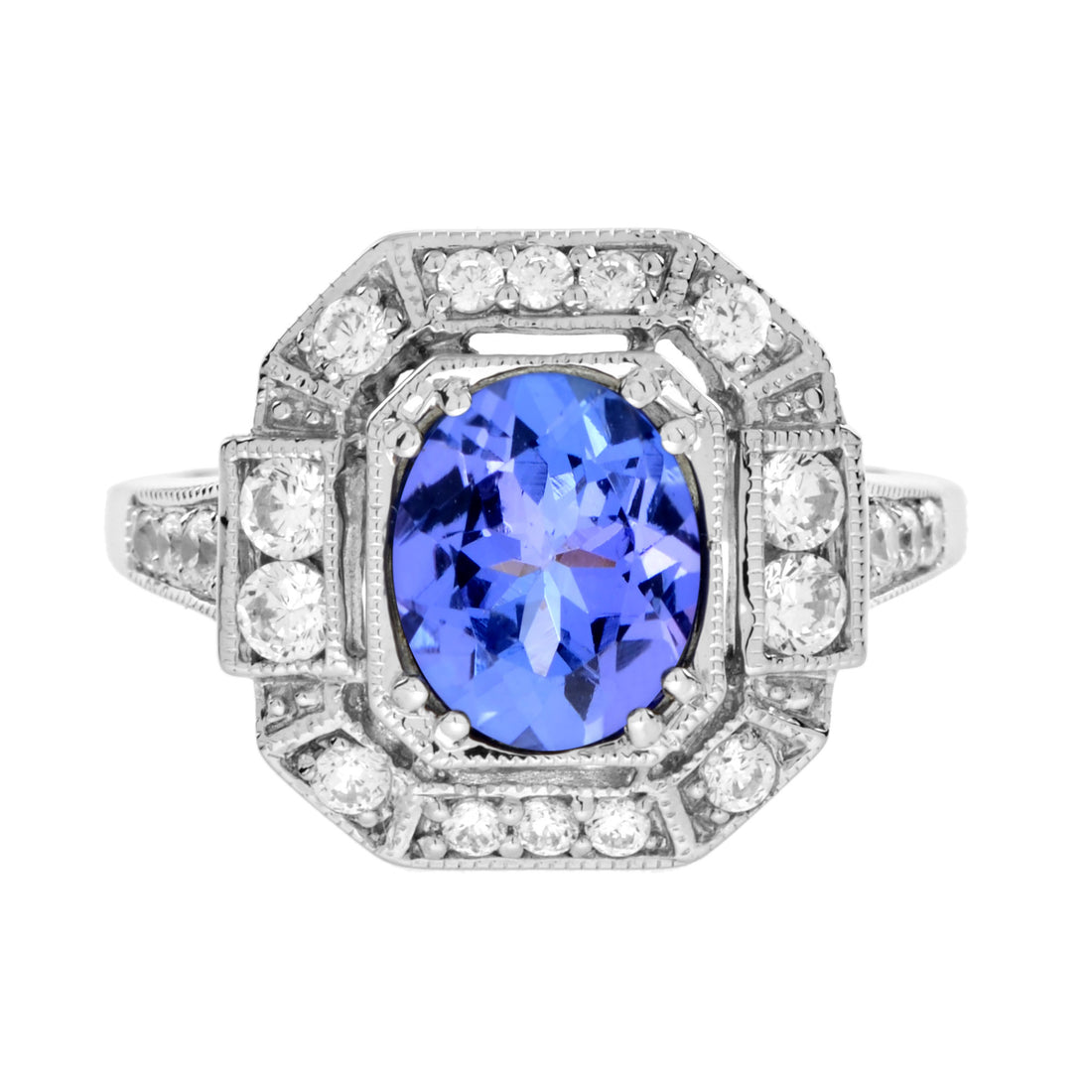 Oval Shape Blue Violet Tanzanite & Diamond Art Deco Style Halo White Gold Ring