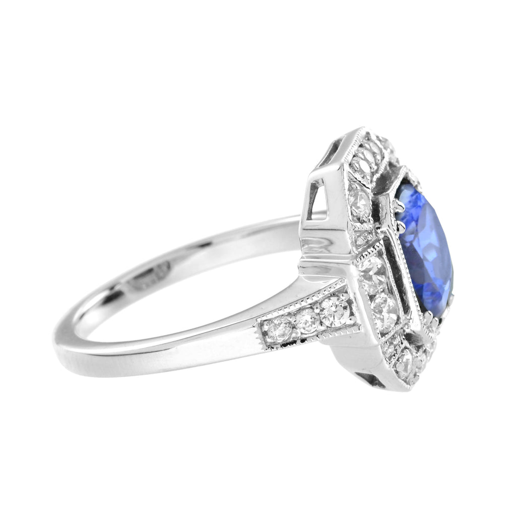 Oval Shape Blue Violet Tanzanite & Diamond Art Deco Style Halo White Gold Ring