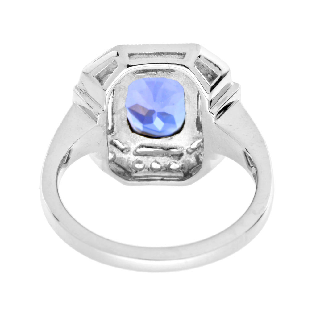 Oval Shape Blue Violet Tanzanite & Diamond Art Deco Style Halo White Gold Ring