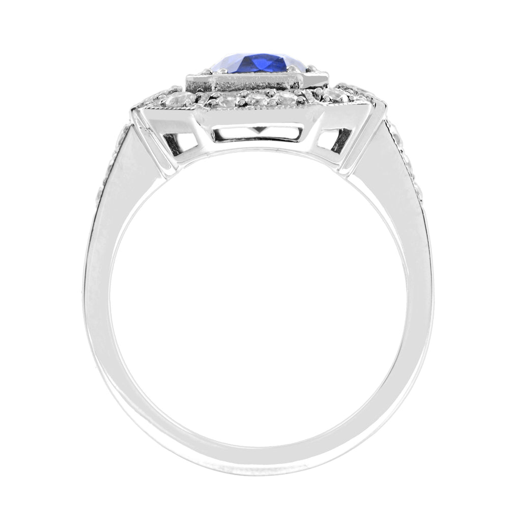 Oval Shape Blue Violet Tanzanite & Diamond Art Deco Style Halo White Gold Ring