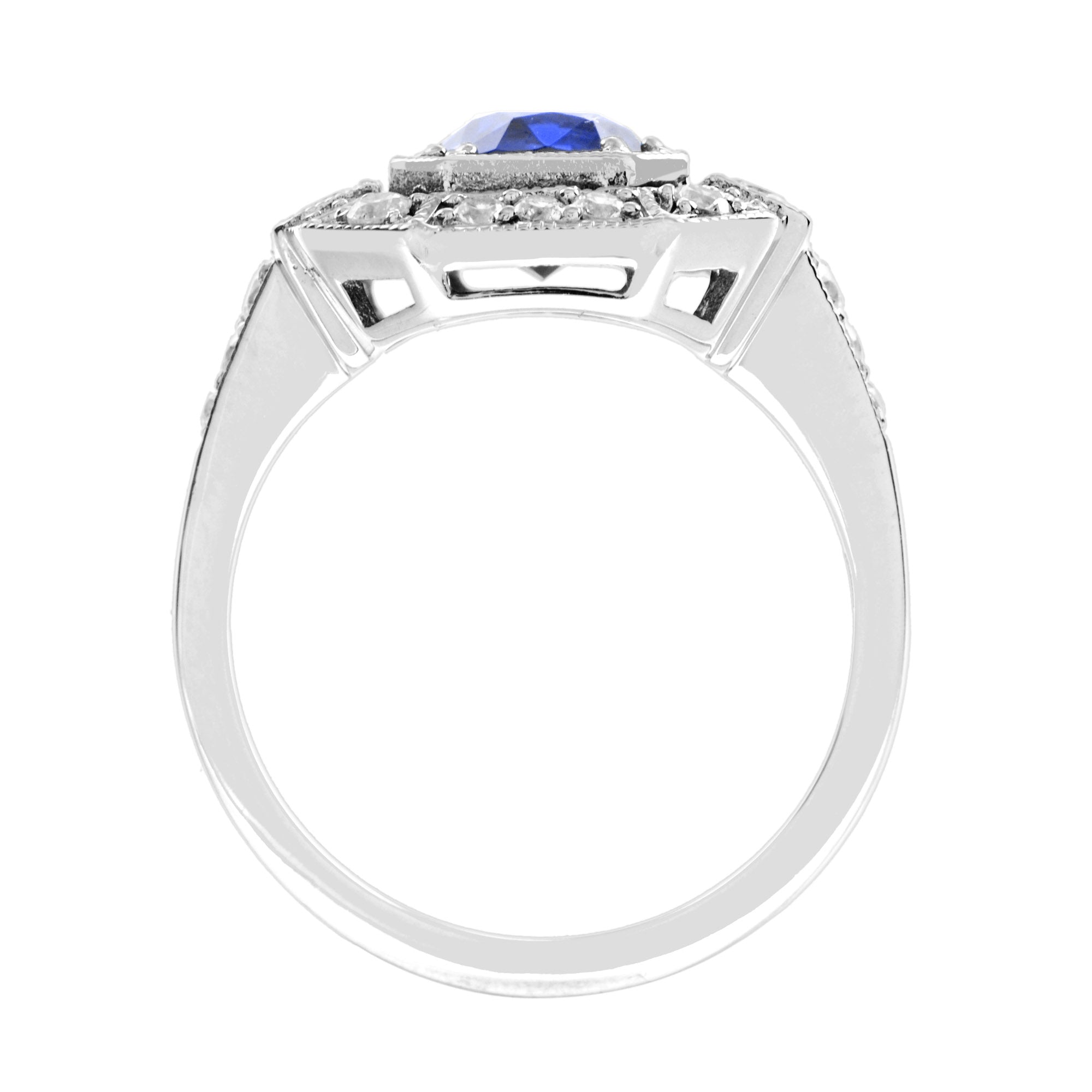 Oval Shape Blue Violet Tanzanite &amp; Diamond Art Deco Style Halo White Gold Ring