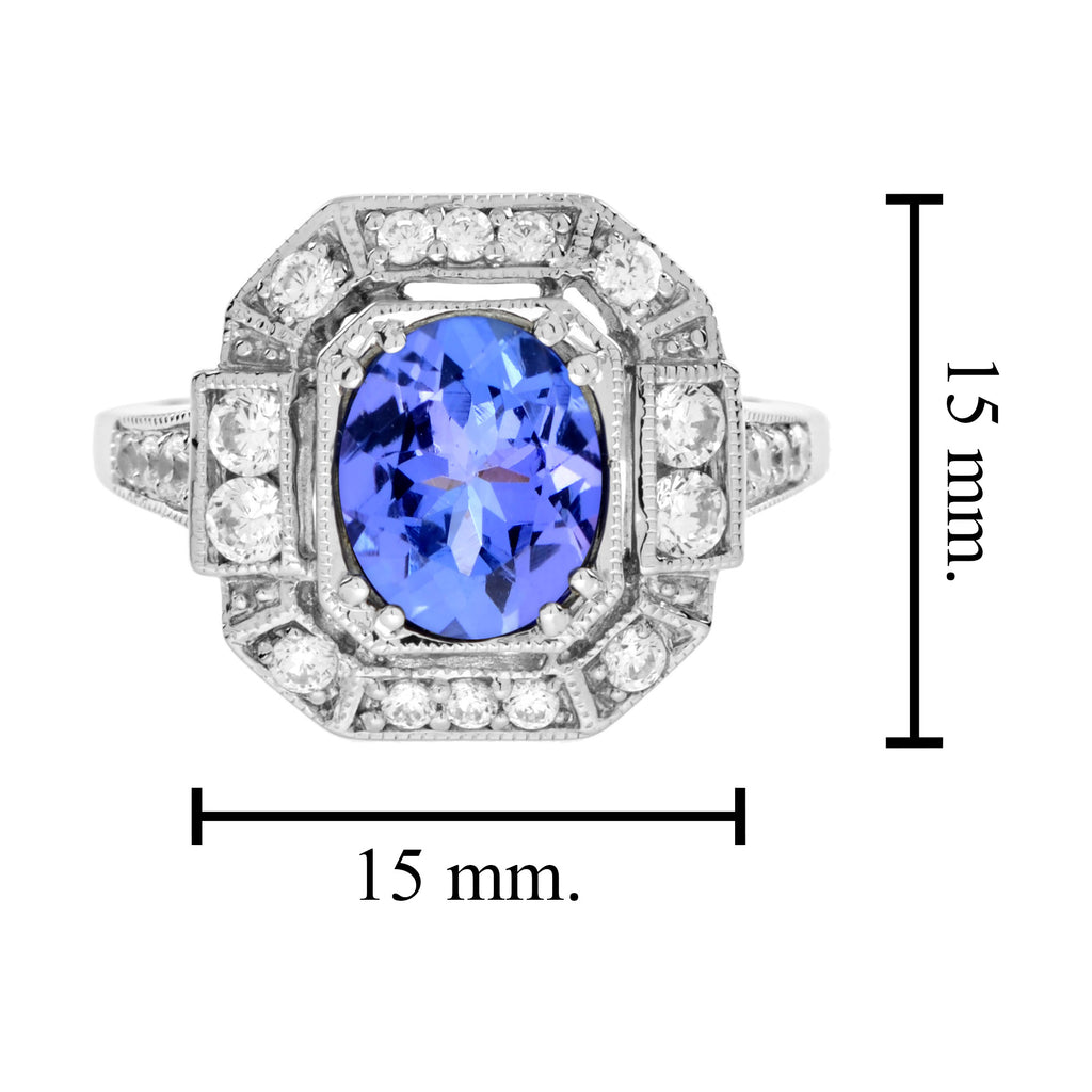 Oval Shape Blue Violet Tanzanite & Diamond Art Deco Style Halo White Gold Ring