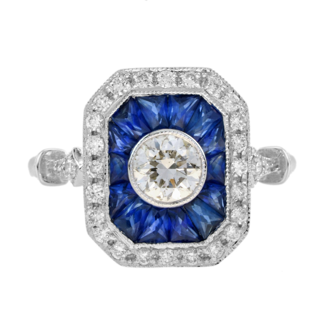 Diamond &amp; Blue Sapphire Fancy Cut Halo Art Deco Style Engagement White Gold Ring