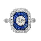 Diamond & Blue Sapphire Fancy Cut Halo Art Deco Style Engagement White Gold Ring