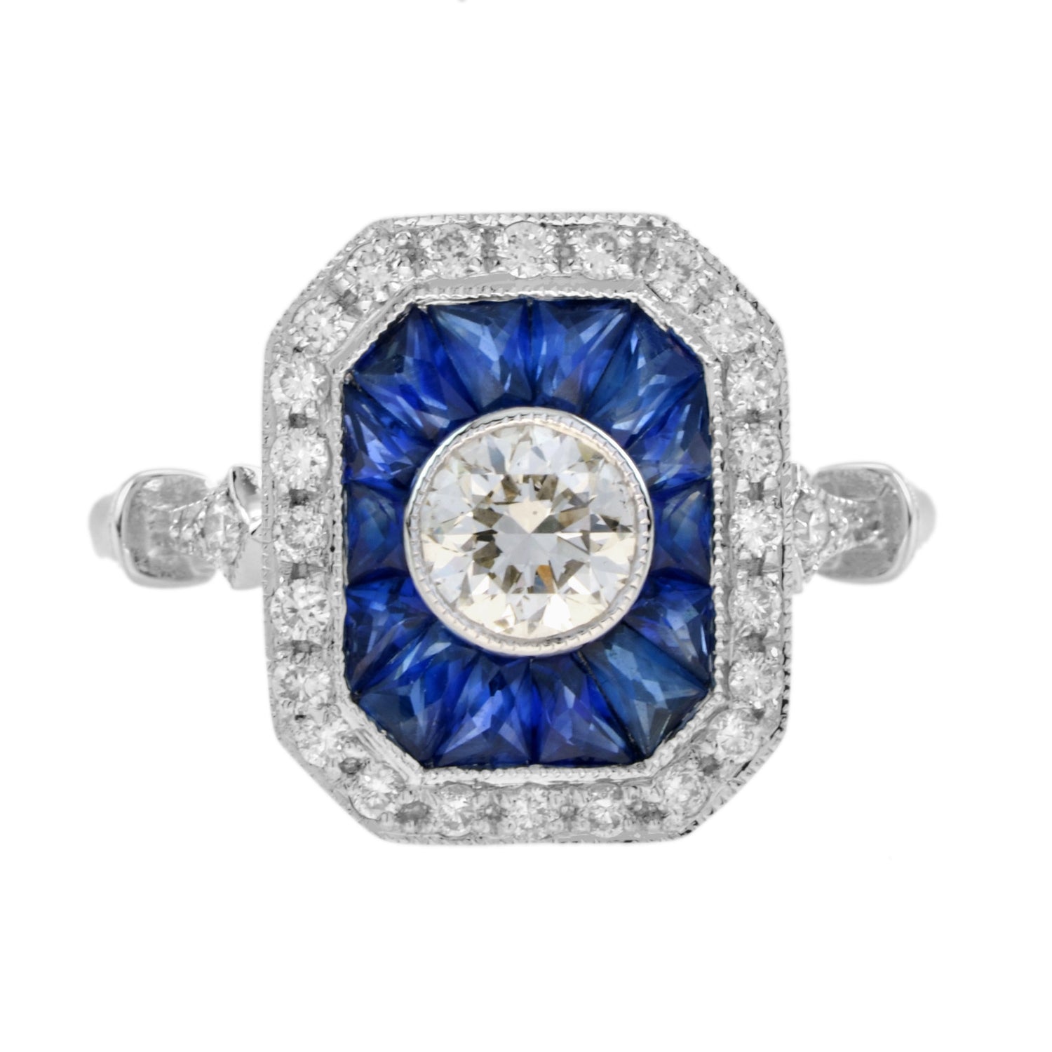 Diamond &amp; Blue Sapphire Fancy Cut Halo Art Deco Style Engagement White Gold Ring