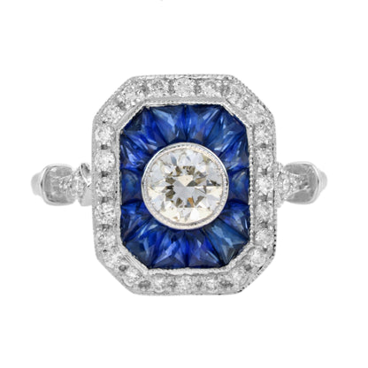 Diamond &amp; Blue Sapphire Fancy Cut Halo Art Deco Style Engagement White Gold Ring